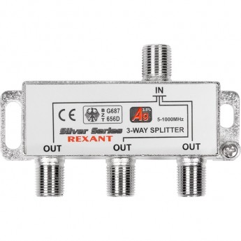 Делитель REXANT ТВ х 3 + 4шт. F box 5-1000 МГц silver Делитель REXANT ТВ х 3 + 4шт. F box 5-1000 МГц silver