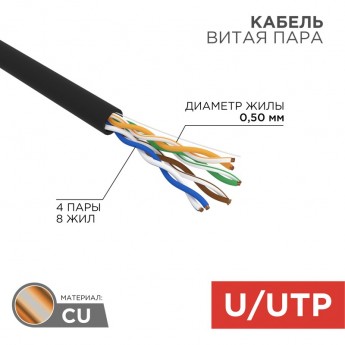 Кабель витая пара REXANT U/UTP, CAT 5e, PE, 4PR, 24AWG, OUTDOOR, SOLID, черный, 305м, РФ Кабель витая пара REXANT U/UTP, CAT 5e, PE, 4PR, 24AWG, OUTDOOR, SOLID, черный, 305м, РФ