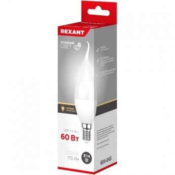 Лампа светодиодная REXANT СВЕЧА НА ВЕТРУ (CW) 7,5Вт E14 713Лм 2700K теплый свет Лампа светодиодная REXANT СВЕЧА НА ВЕТРУ (CW) 7,5Вт E14 713Лм 2700K теплый свет