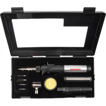 Паяльник-горелка с пьезоподжигом REXANT газовый, 17мл, 6 насадок + припой + губка, коробка Паяльник-горелка с пьезоподжигом REXANT газовый, 17мл, 6 насадок + припой + губка, коробка